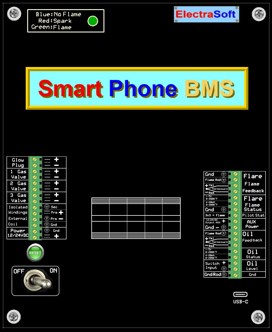 SmartPhone BMS Control Panel with flame status indicators, spark status LEDs, and terminal connectors